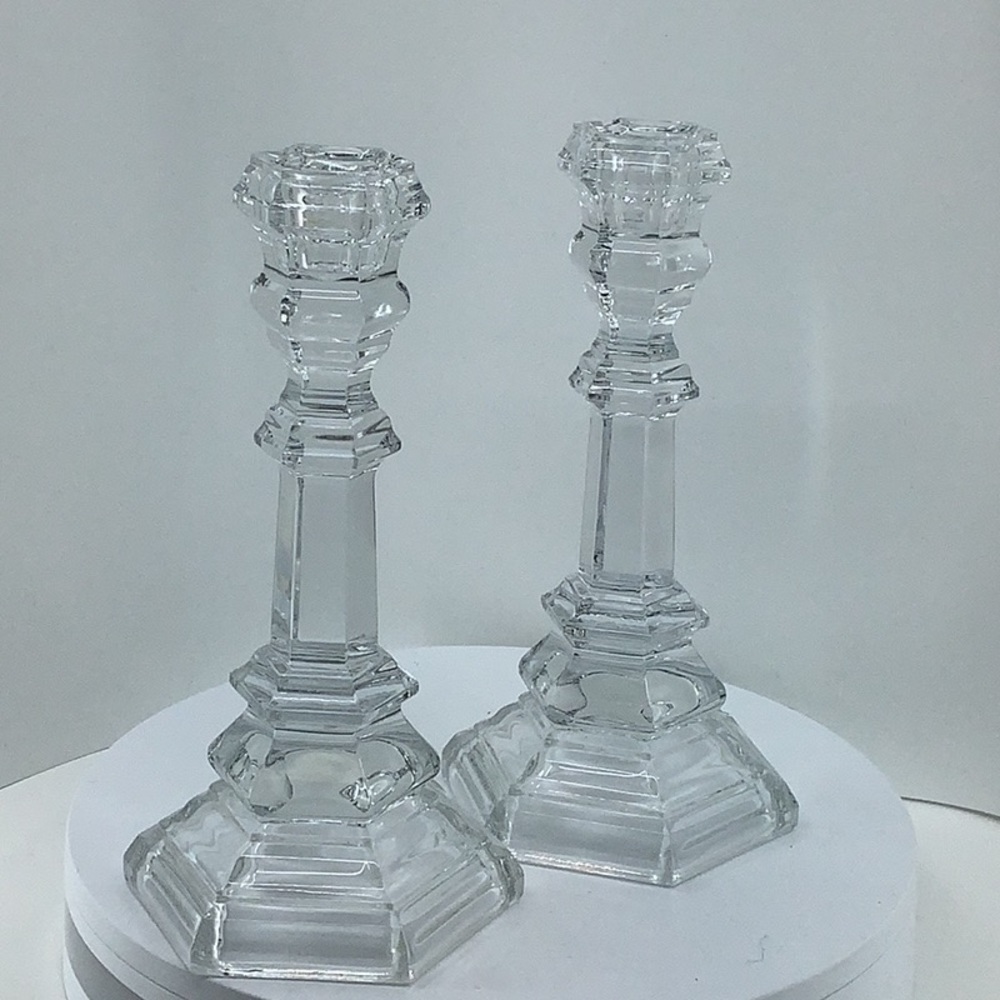 Retired Pair Tiffany & Co Crystal Plymouth, Hexagonal 8” Candlestick